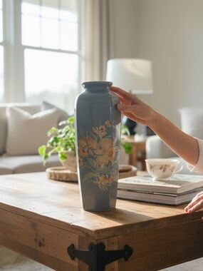 Slate Blue Floral Ceramic Vase - Elegant Hand-Painted Accent